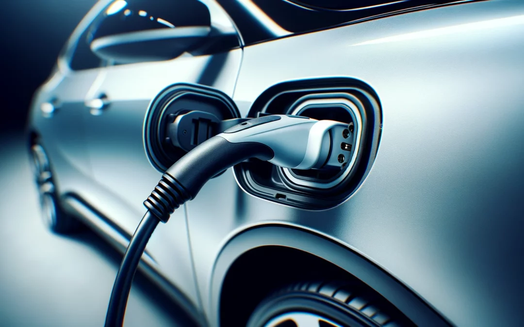 close-up image of an electric vehicle (EV) charging port in orange county, showcasing the plug connected securely to the vehicle