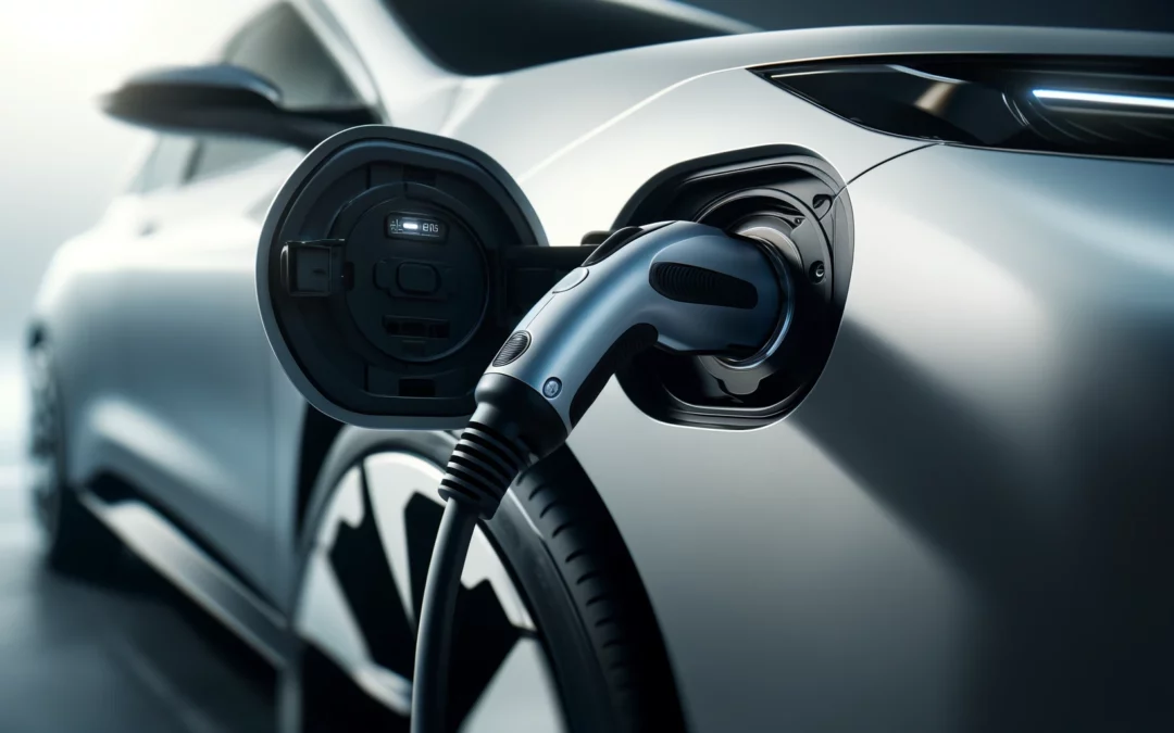 a modern electric car in orange county charging at a business